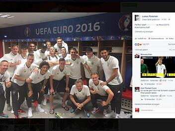"Lichtgestalt" Bastian Schweinsteiger umringt von seinen Teamkollegen: Lukas Podolskis Facebook-Post kam bei der Fangemeinde gut an. Screenshot: Facebook