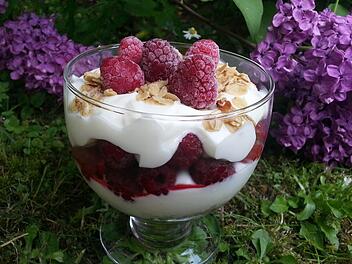 Keine Honig-Lieferantin wollte sich auf dem Flieder niederlassen fürs Foto. Dafür sind beim Warten die Himbeeren aufgetaut. Aber so müssen sie sein in diesem Dessert: weich und mit eisigem Kern.  Foto: Sabine Christofzik