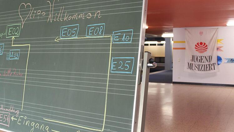 Jugend musiziert - aber wo? Die Tafel zeigt an, dass im gesamten unteren Stockwerk die Musik vorherrscht.