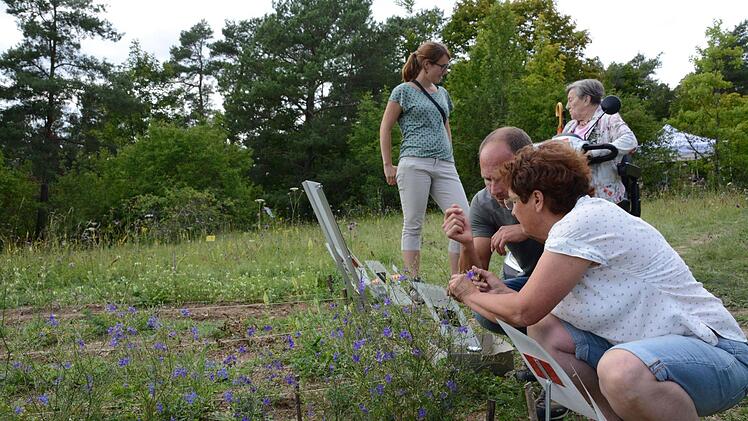 Helga Hein vom Bund Naturschutz erklärt, wie das Sammeln der Pflanzen-Samen vor sich geht.  Fotos: Elisabeth Assmann