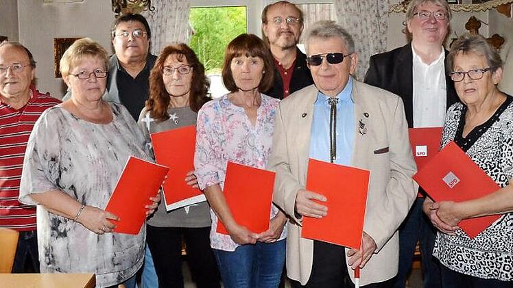 Ehrungen beim SPD-Ortsverein Rothenkirchen. Von links: Roland Münch (Marktgemeinderat, Schriftführer), Regina Hutschenreuther, Zweiter Bürgermeister Wolfgang Förtsch (Ortsvorsitzender Pressig), Roswitha Engel, Hildegard Nietzel, Kreisvorsitzender Ralf Pohl, Werner Neubauer, Ortsvorsitzender Michael Pütterich und Inge Herrmann  Foto: K.- H. Hofmann