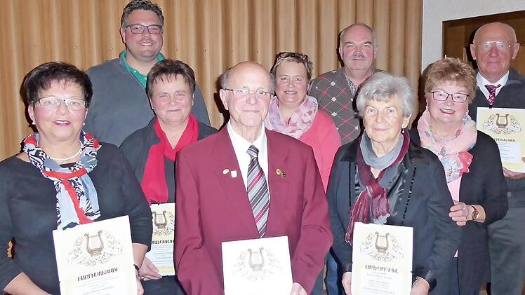 Die Ehrung (von links): Margit Hofmann, Vizebürgermeister Marco Friepes, Ingrid Schmitt, Josef Albrecht, Vorsitzende Manuela Wunner, Georg Birkel, Gerda Hack, Heidi Amon, Adam Martin  Foto: privat