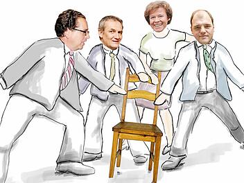 Wer wird der neue CSU-Direktkandidat für die Landtagswahlen im September? Benedikt Graf Bentzel, Konrad Rosenzweig, Birgit Kaletsch und Michael Hofmann (von links) stellen sich am 21. Mai dem Votum der Nominierungsversammlung in Kersbach. Illustration: Tanja Friedrich