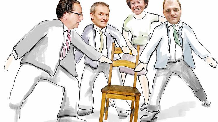 Wer wird der neue CSU-Direktkandidat für die Landtagswahlen im September? Benedikt Graf Bentzel, Konrad Rosenzweig, Birgit Kaletsch und Michael Hofmann (von links) stellen sich am 21. Mai dem Votum der Nominierungsversammlung in Kersbach. Illustration: Tanja Friedrich