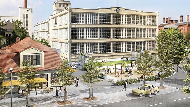 So wird der neue Eingang zum Spinnereigelände bald aussehen: links ist das Pförtnerhaus zu sehen, das saniert wird, in der Mitte werden Grünflächen, ein Spielplatz und ein Soccer-Court geschaffen. Visualisierung: Stadt Kulmbach