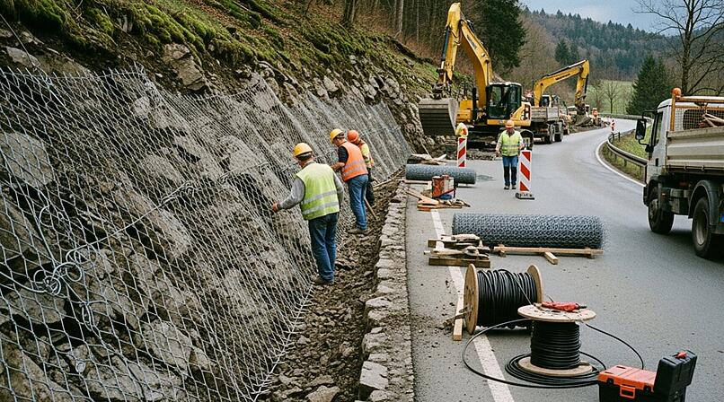 Felssicherungsma&szlig;nahmen an einer Landstra&szlig;e