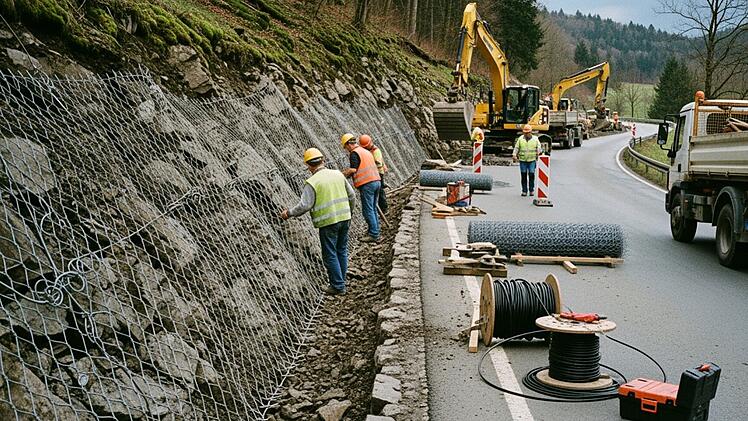 Felssicherungsma&szlig;nahmen an einer Landstra&szlig;e