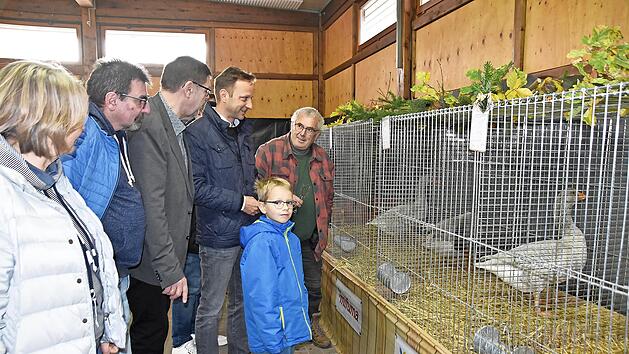Bürgermeister Robert Bosch betrachtete zusammen mit Vorsitzendem Hansjürgen Grampp und den Gemeinderäten Brigitte Lauterbach und Erich Schiffelholz sowie Burkhard Lauterbach (Kreisvorsitzender der Rassekaninchenzüchter) die Fränkischen Landgänse.
