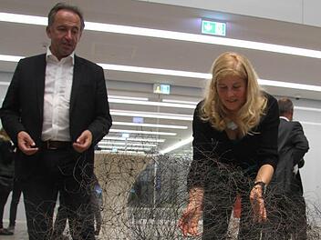 Hauchzart und dennoch aus Stahl - auch der Vorsitzende des Kunstvereins Kulmbach, Karl-Heinz Greim, und seine Stellvertreterin Conny Morsch lassen sich von der "Duftigkeit" des Kunstwerkes gefangen nehmen. Fotos: Sonja Adam