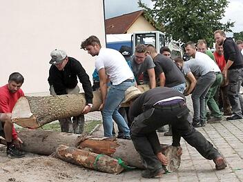 Auch ohne ein Betonloch gelang es den Helfern, den Kirchweihbaum im Ort aufzustellen. Foto: Richard Sänger