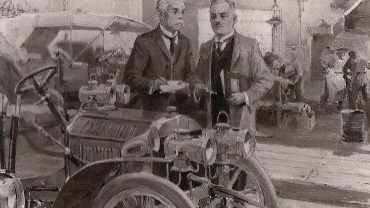 Anfangszeit im Jahre 1904: Ein historisches Gemälde zeigt Carl Benz und Firmengründer Hermann Scholz. Foto: Autohaus Scholz