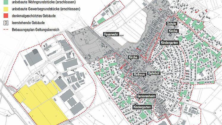 Grün markiert sind die leeren, bebaubaren Grundstücke. Grafik: FT