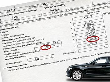 Die Bearbeitungsgebühr von 558,33 Euro hätte die Bank bei der Finanzierung von Christina Moosbruggers BMW nicht kassieren dürfen. Die 28-jährige Kulmbacherin hat sich das Geld jetzt zurückgeholt. Fotomontage: Michael Beetz