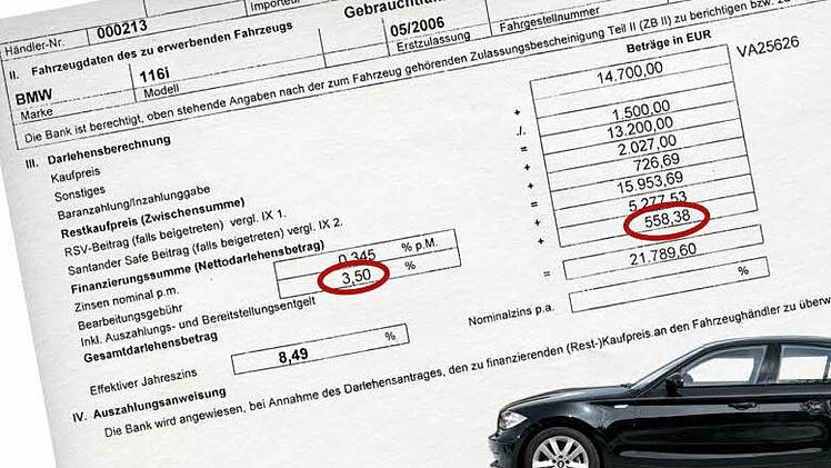 Die Bearbeitungsgebühr von 558,33 Euro hätte die Bank bei der Finanzierung von Christina Moosbruggers BMW nicht kassieren dürfen. Die 28-jährige Kulmbacherin hat sich das Geld jetzt zurückgeholt. Fotomontage: Michael Beetz