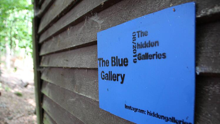 Die Schnitzeljagd führt in den Wald zwischen Uehlfeld und Vestenbergsgreuth. "The blue gallery": Der mysteriöse Künstler hat sich dort offenbar schon vor einem Jahr ein weiteres, verstecktes "Atelier" in einer verlassenen Hütte  eingerichtet. Foto: Christian Bauriedel