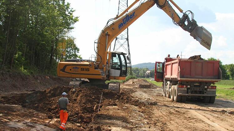 Bagger und Laster prägen das Bild an der Flutmulde.