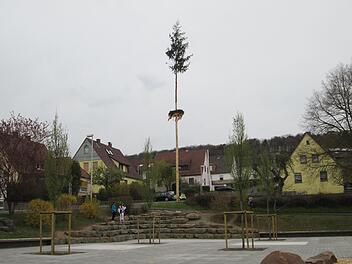 Der Maibaum in Fuchsstadt steht vor dem neugestalteten Pausenhof -   wenn er auch ohne die traditionelle Feier aufgestellt werden musste.