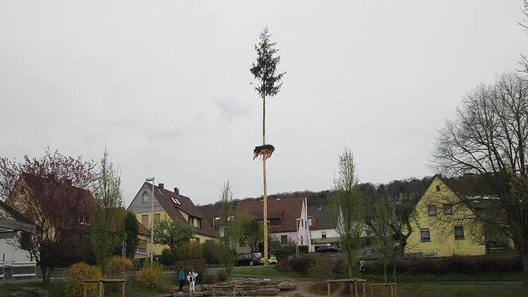 Der Maibaum in Fuchsstadt steht vor dem neugestalteten Pausenhof -   wenn er auch ohne die traditionelle Feier aufgestellt werden musste.