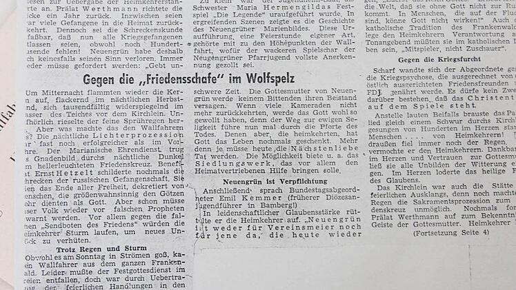 Zeitungsausschnitt aus dem Volksblatt über die Neuengrüner Wallfahrt 1950  Repro: Friedwald Schedel