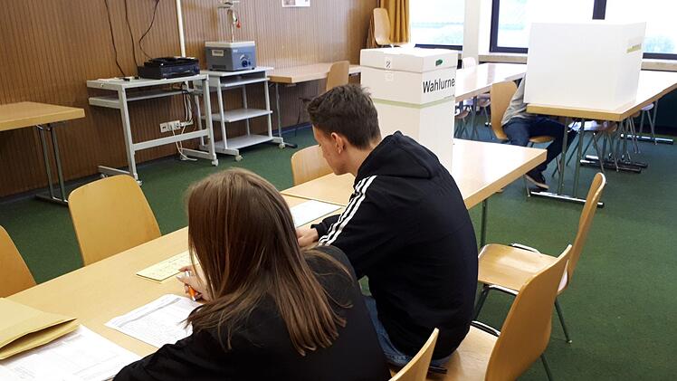 H&uuml;ter des W&auml;hlerverzeichnis und der Wahlurne - Lara Pf&auml;ndner (links) und Paul Beckmann (rechts) Foto: Anja Riedel