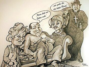 Eine Zeichnung aus dem Büchlein zum Thema "Schlachtschüsselessen zur Kirchweih in Windheim mit Folgen" Repro: Gerd Fleischmann