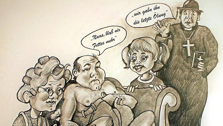 Eine Zeichnung aus dem Büchlein zum Thema "Schlachtschüsselessen zur Kirchweih in Windheim mit Folgen" Repro: Gerd Fleischmann