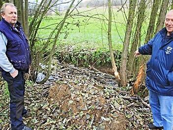 Der Albersdorfer Stadtrat Werner Riegel (rechts) und einer der leidtragenden Anrainer, Hans Burkard (links), der in der Albersdorfer Mühle wohnt und am Mühlbach Wiesengrundstücke besitzt, zeigen die "Untaten" des Bibers. Fotos: Helmut Will