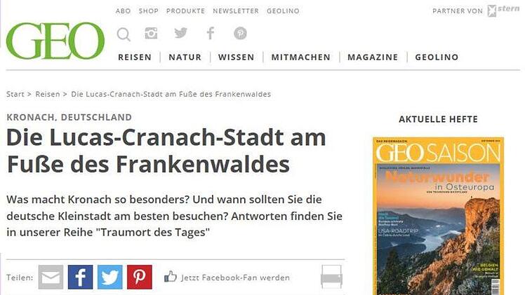 Das Geo-Magazin schwärmt auch online vom "Traumort" Kronach. Screenschot: Geo Magazin