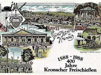 Die Jubiläumspostkarte "400 Jahre Kronacher Freischießen" mit Motiven von 1890 fand 1988 reißenden Absatz. Ihr Preis vor 30 Jahren: 50 Pfennig.  Repro: Gerd Fleischmann