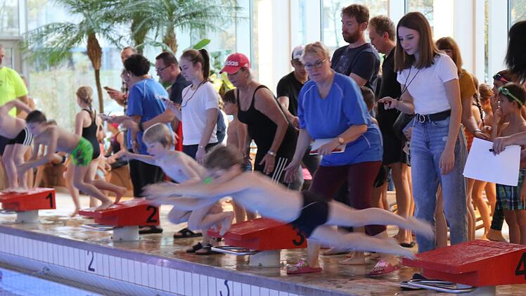 Mit dem Willen, als Erste anzuschlagen und eine gute Zeit zu schwimmen, traten 250 junge Schwimmerinnen und Schwimmer aus 18 Schulen im Landkreis Coburg beim 48. Kreisschwimmfest in Neustadt an. Foto: Michael Stelzner