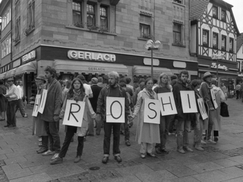 Am 6. August 1983 demonstrierten Mitglieder der neu gegründeten Bad Kissinger Friedensinitiative in der Innenstadt zum Jahrestag der Zerstörung der japanischen Stadt Hiroshima. Foto: Archiv/Koch