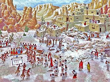 Die terrassierte Lehmsiedlung der Hopi-Indianer mit Tempel und Versammlungsplatz, auf dem der Schlangen-Ritual stattfindet, vorne die Maskentänzer, hinter der Schlangengruben die Priester, rechts Frauen mit Mehlstäubern, um die giftigen Klapperschlangen zu betäuben