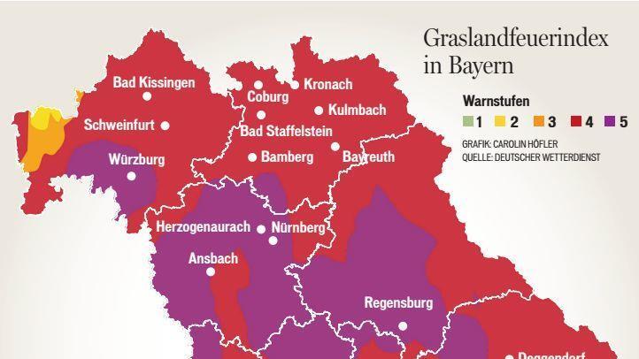 Der Graslandfeuerindex zeigt f&uuml;r Nordbayern h&ouml;chste Brandgefahr. Grafik: Carolin H&ouml;fler