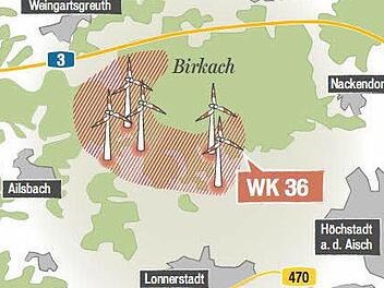 In diesem Vorranggebiet WK 36 werden die fünf Windräder aufgestellt. Quelle: Planungsverband Industriereg. Mfr./Grafik: Carolin Höfler