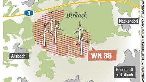 In diesem Vorranggebiet WK 36 werden die fünf Windräder aufgestellt. Quelle: Planungsverband Industriereg. Mfr./Grafik: Carolin Höfler