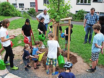 Die Gemeinde Riedenberg hat dem Kinderdorf St. Anton einen Lindenbaum geschenkt. Die Kinder halfen beim Pflanzen.  Foto: Evelyn Schneider