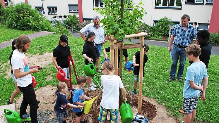 Die Gemeinde Riedenberg hat dem Kinderdorf St. Anton einen Lindenbaum geschenkt. Die Kinder halfen beim Pflanzen.  Foto: Evelyn Schneider
