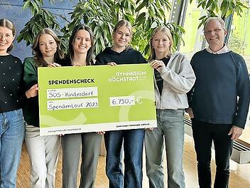 Bei der Übergabe der Spende ( von links): Ingo Pöllmann, Laura Thurn, Johanna Vesper, Alicia Gumbrecht, Carla Petersilka, Sophie Sap, Dirk Baumann und Michael Hofmann-Gandl.