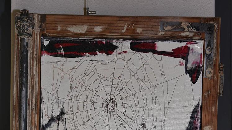 Hannes Betz aus Westheim lässt sich gerne von der Natur inspirieren. Im Bild seine Arbeit "aranea" mit einem echten, konservierten Spinnennetz in einem Bild, das von einem alten Fensterrahmen aus Holz gefasst ist.