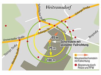 Der Plan zur Sprengung in Weitramsdorf zeigt das abgesperrte Gebiet und den Radius der erwarteten Druckwelle. Grafik: Dietmar Rothe