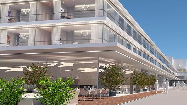 Das k&uuml;nftige Atrium &ouml;ffnet sich auf gro&szlig;er L&auml;nge zur Ludwigstra&szlig;e. Dort k&ouml;nnte die Wegnahme eines Geb&auml;udeteils einer ersten Planungsidee  folgende eine Flaniermeile entstehen lassen.  Entwurf: Bornhofen Architekten