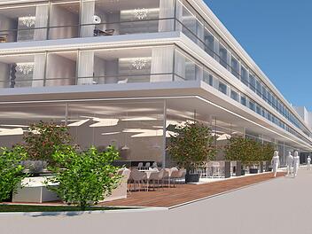 Das künftige Atrium öffnet sich auf großer Länge zur Ludwigstraße. Dort könnte die Wegnahme eines Gebäudeteils einer ersten Planungsidee  folgende eine Flaniermeile entstehen lassen.  Entwurf: Bornhofen Architekten
