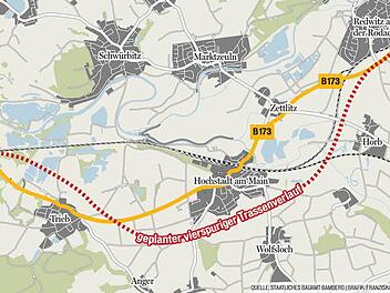 Der geplante Trassenverlauf zum vierspurigen Ausbau der B 173 zwischen Lichtenfels und Zettlitz