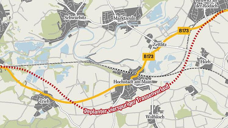 Der geplante Trassenverlauf zum vierspurigen Ausbau der B 173 zwischen Lichtenfels und Zettlitz