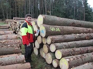 Einsatzleiter Tobias Wicklein von der Waldbesitzervereinigung Kronach-Rothenkirchen markiert die Fixlängen, damit sie den verschiedenen Waldbesitzern zugeordnet werden können.  Foto: Friedwald Schedel