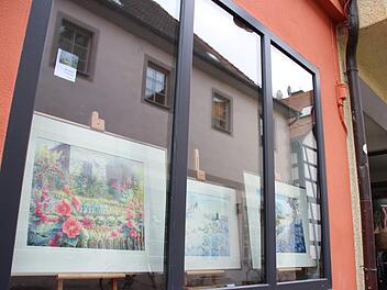 Marion-Meixner-Aquarelle werten den Leerstand in der Apothekenstraße auf.  Foto: Ekkehard Roepert