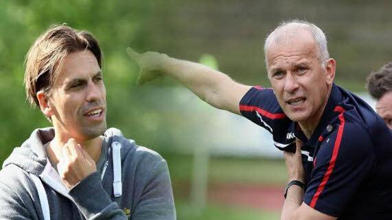 Heiß aufs Stadtduell: DJK-Trainer Gerd Schimmer (links) und FC Eintracht-Kollege Norbert Schlegel. Fotos: sportpress