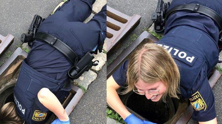 In Pegnitz hat eine Polizistin vier Entenküken aus einem Schacht befreit. Foto: Polizei Oberfranken