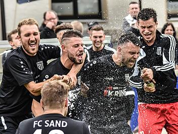 Sieg! Andr&eacute; Karmann, Kevin Steinmann, Dominik Schmitt und Markus Geier (von links) feiern den Klassenerhalt. Foto: Ryan Evans