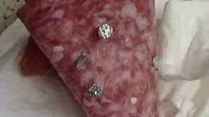 Der mit Nägeln präparierte Köder: eine Scheibe Salami. Foto: Tierheim